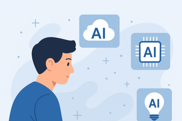 "Illustration of a developer with AI icons hovering around—cloud, chip, and light bulb representing coding tools."