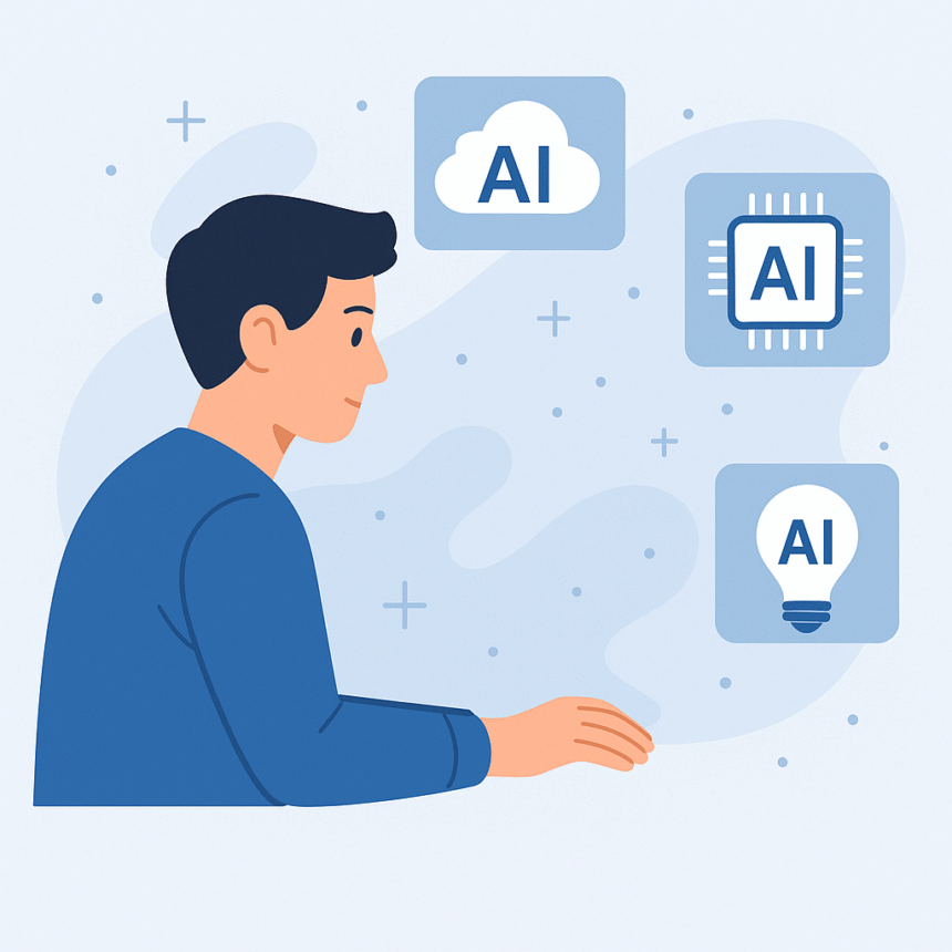 "Illustration of a developer with AI icons hovering around—cloud, chip, and light bulb representing coding tools."